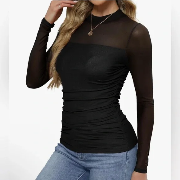 Elegant Black Sheer Long Sleeve Top - Picture 4 of 6